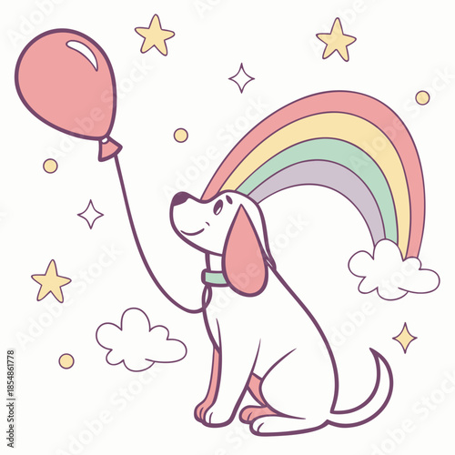 Playful Content Bloodhound design, styled with with a balloon and Pastel Rainbow shades in a Rainbow setting