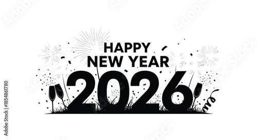A festive new year celebration design featuring the year 2026 with sparkling fireworks and confetti