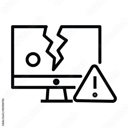 Cracked Computer Screen with Warning Sign