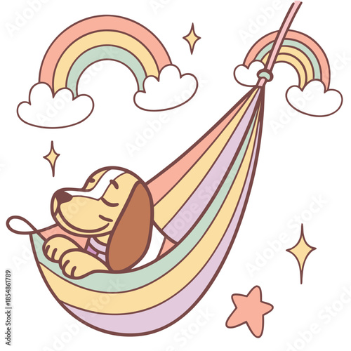 Vector illustration of a Peaceful Bloodhound with in a hammock, styled in a Rainbow theme using Pastel Rainbow colors