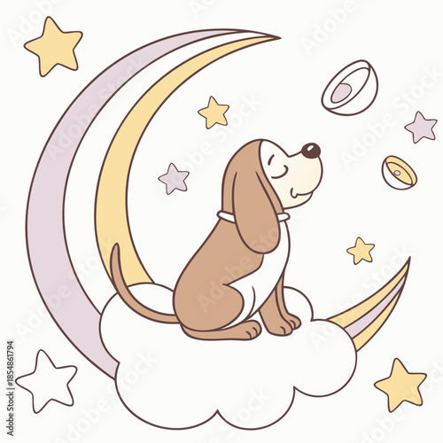 Pastel Rainbow colored Bloodhound with a Sleepy touch, placed in a Rainbow theme and styled with sitting on a moon