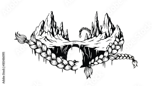 Whimsical icy landscape with braided hair elements, evoking fantasy and winter magic.