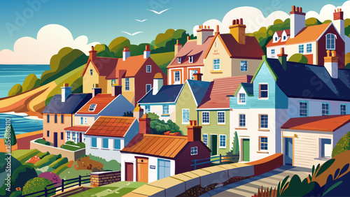 Very beautiful view of traditional terraced houses in a small coastal town in south west England, overlooking narrow streets and reflecting classic British seaside living.