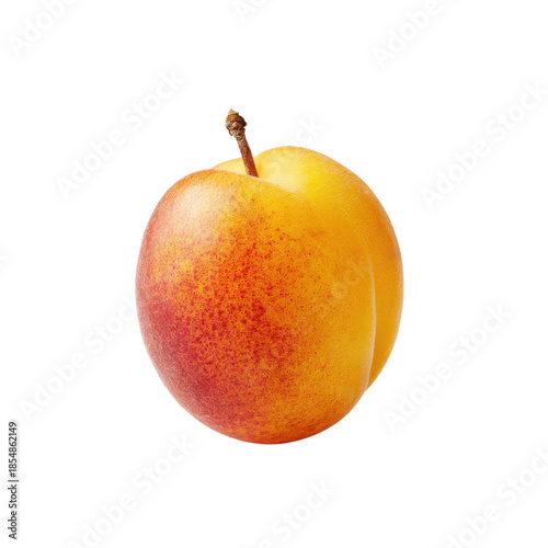 Single ripe yellow and red plum with stem on black background fruit food, Isolated On Black Background, Png Transparent Background, Cut Out