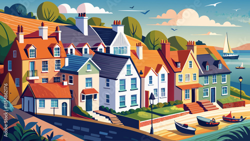 Very beautiful view of traditional terraced houses in a small coastal town in south west England, overlooking narrow streets and reflecting classic British seaside living.