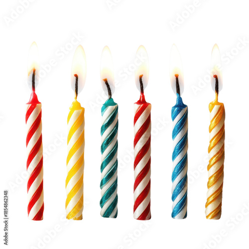 Six lit birthday candles with red white yellow blue green stripes on black celebration party, Isolated On Black Background, Png Transparent Background, Cut Out