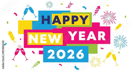 A vibrant new year celebration design with colorful blocks champagne glasses and fireworks