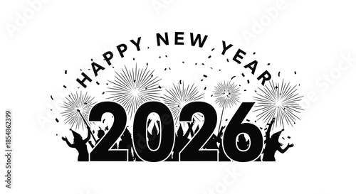 A festive new year illustration showcases fireworks and the year 2026 in a celebratory design
