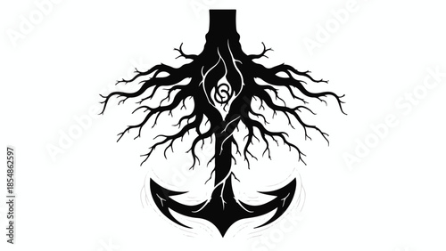 Symbol of strength and growth, an anchor intertwined with tree roots, representing stability and resilience.