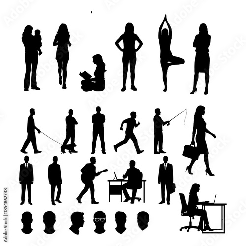 man and woman doing different activities silhouette pack, yoga, caring baby, reading book, runniing, dog , music working on computer and more

