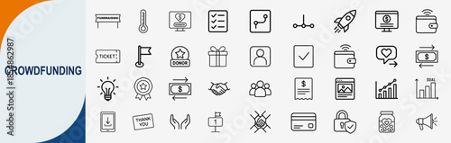 crowdfunding startup business icon set, minimal black line art vector collection