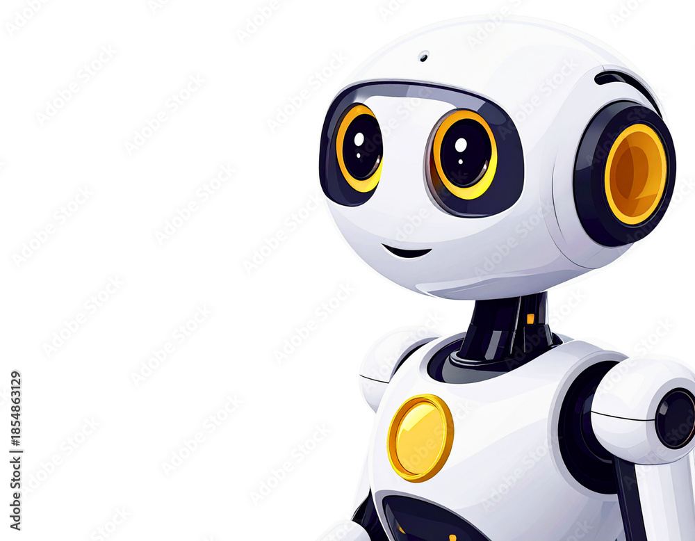 Fototapeta premium Cute AI Chatbot Robot Head 3D Render with Yellow Thinking Speech Bubble isolated on Transparent Background