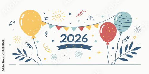 Vibrant 2026 celebration banner with colorful balloons and confetti