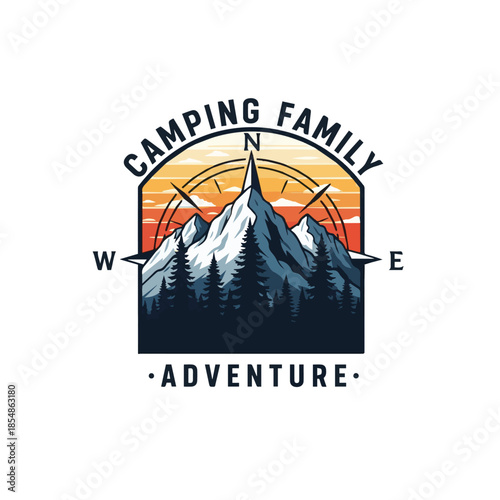 Camping Family Adventure Badge Logo with Mountain and Compass Design, Ideal for Outdoor, Travel, and Adventure Brands