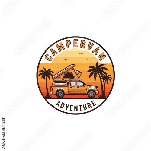 Campervan Beach Adventure Badge with Sunset and Palm Trees – Perfect for Summer Travel, Camping