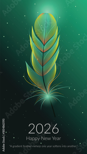 Glowing Iridescent Feather Illustration for 2026 Happy New Year; Artistic Teal and Gold Plume on Dark Green Starry Background; Elegant Seasonal Greeting Card Design with Gradient Lines