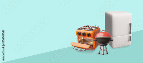 Kitchen gas stove, fridge and barbecue brazier 3D plastic style vector banner, kitchen household cooking appliance