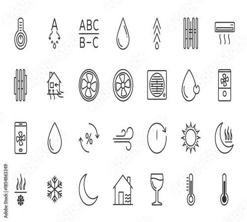 A collection of diverse weather and climate control outline icons displayed in a grid arrangement showing various symbols