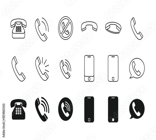 A collection of black and white icons depicting various styles of telephones and communication devices