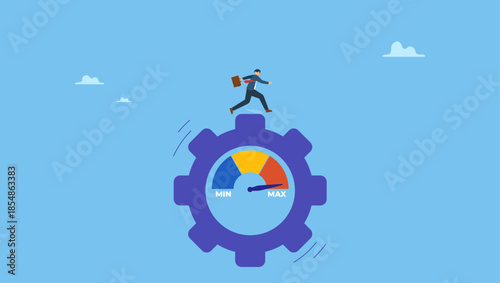 Ambitious businessman running at full speed to rotate measure cogwheel gear. Work performance evaluation, full efficiency or maximum productivity, ambition or motivation to growth in business.