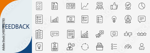 customer feedback testimonial survey icon set, minimal black line art vector