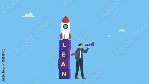 Businessman showing growth graph leaning on box stack with the word LEAN with ready to rocket ship on top. Lean startup using agile methodology to manage company for fast deliver or launch product.