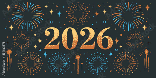 Vibrant 2026 New Year's celebration with fireworks and golden text