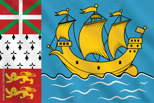 Waving Flag of Saint Pierre and Miquelon French Overseas Collectivity with Ship and Heraldic Symbols
