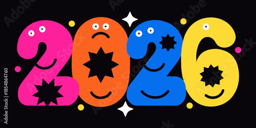 Colorful cartoon numbers 2026 with happy and sad faces