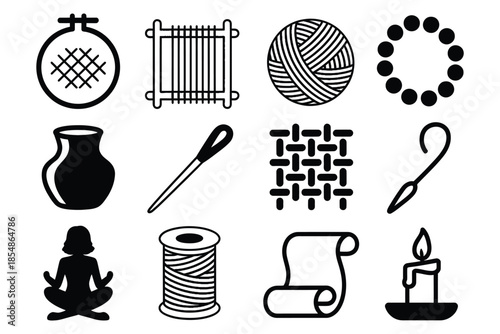 Brutalist craft icons featuring handcrafted art silhouettes like embroidery loom pottery and yarn ball for artisan branding design