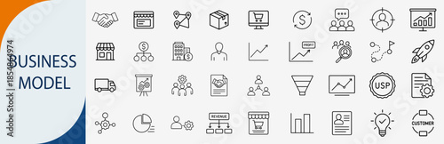 business model strategy icons, minimal monoline vector illustration