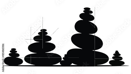 Balanced stacked stones creating peaceful natural sculptures against a clean white background, symbolizing harmony and serenity.