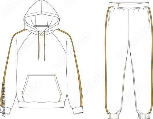Hoodie, sweatpants, stripe, fashion, sketch, front, back, silhouette, posture, gesture, setup, vector, black, pose, flavector, minimal, garment, technical, flat, cad drawing flat vector