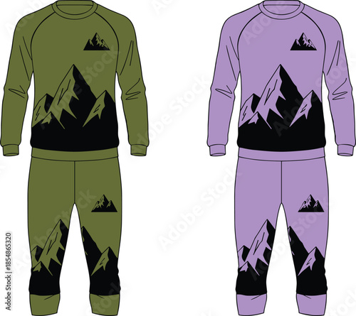 Sweatshirt, sweatpants, mountain, graphic, fashion, sketch, front, back, silhouette, posture, gesture, setup, vector, black, pose, flavector, minimal, garment, technical, cad drawing flat vector