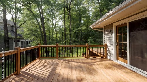 Spacious wooden deck attached to a suburban house surrounded by tall trees creating a peaceful outdoor living space for relaxation and family time