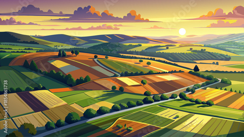 Very beautiful drone view of Devon farmlands at sunset, revealing patchwork fields, soft golden light, and a peaceful rural English landscape stretching toward the horizon.