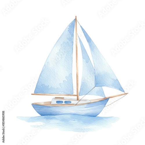 Watercolor Illustration of a Blue Sailboat Floating on Calm Water on White Background