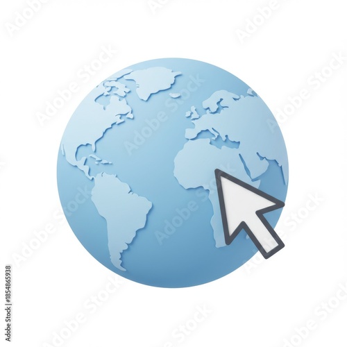 3D Render of Blue Globe with Gray Cursor Over Africa Continent on White Background