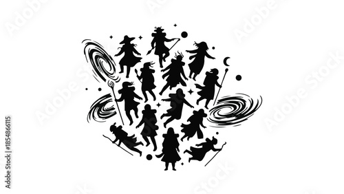 Diverse magical figures gather in a cosmic constellation, casting spells and radiating power.