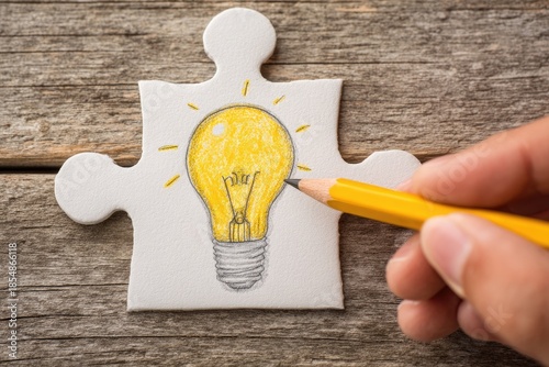 A close-up shows a hand sketching a glowing lightbulb onto a puzzle piece, suggesting innovation and problem-solving on a wooden background