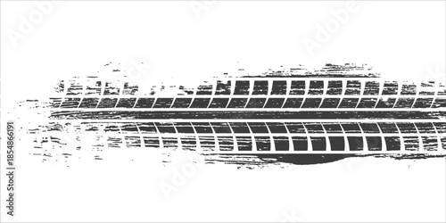 Grunge tire track, wheel braking marks. Truck, car or motorcycle tread pattern silhouette. Auto race, motorsport, speed racing design element. Vector illustration
