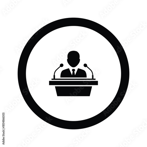 Speaker at the podium with microphones in a circle icon