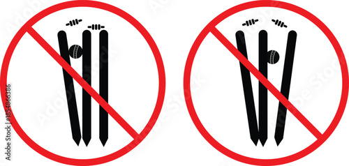 no Cricket bat ball stump bails icon. Cricket bat and ball prohibition symbols. No sports play graphic design. Game restriction and safety signs