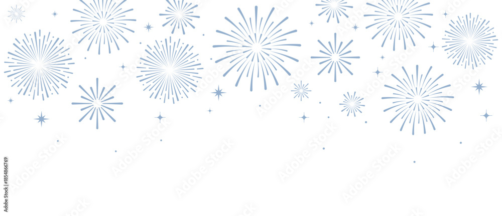 Fototapeta premium Elegant blue fireworks burst and sparkling stars on clean white background, festive celebration illustration for New Year, holiday party, greeting card, luxury event design, minimalist style vector.