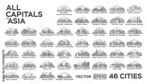 All capitals of Asia. 46 cities in a linear style with famous views and landmarks. Skyline city line illustrations.