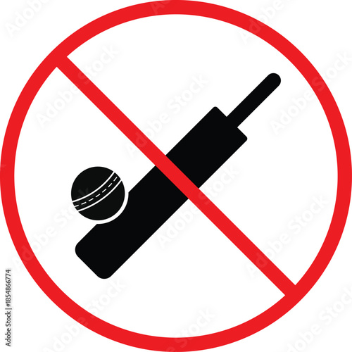 no Cricket bat ball icon. Cricket bat and ball prohibition symbols. No sports play graphic design. Game restriction and safety signs

