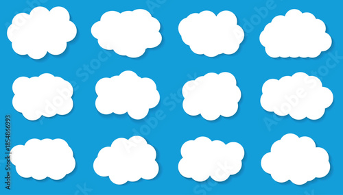 Set of clouds icon.  Abstract white cloudy set isolated on blue background. Vector illustration. 