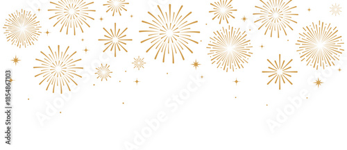 Elegant gold fireworks burst and sparkling stars on clean white background, festive celebration illustration for New Year, holiday party, greeting card, luxury event design, minimalist style vector.