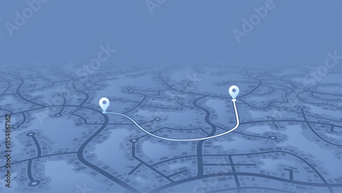 3D city map with navigation route and location markers. Abstract GPS tracking concept background. Vector illustration.
