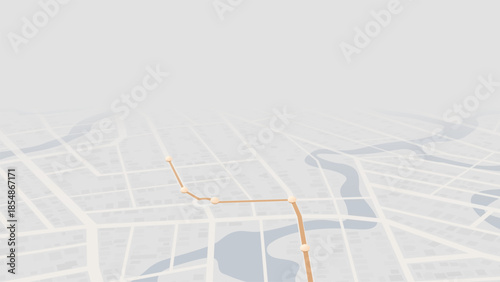 Light isometric city plan with orange path and waypoints. Minimalist urban navigation layout design. Vector illustration.